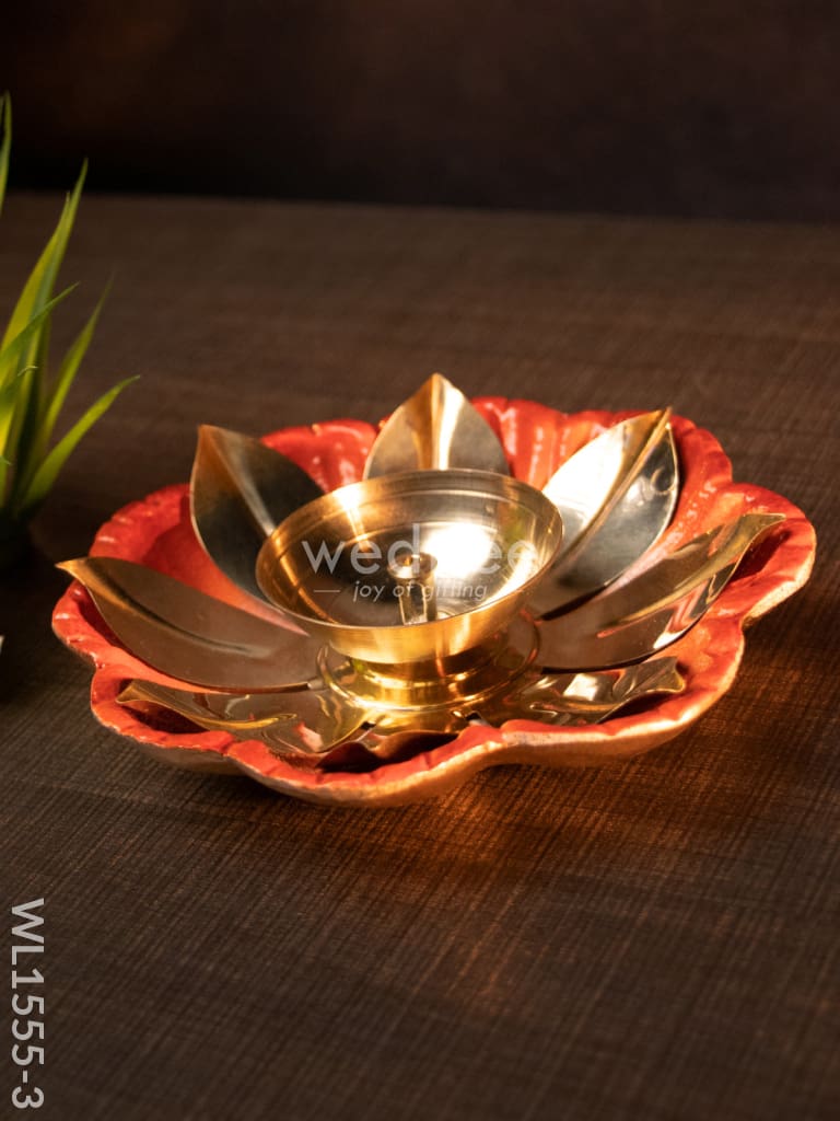 Flower Shaped Brass Diya With Floral Base - Wl1555 Orange