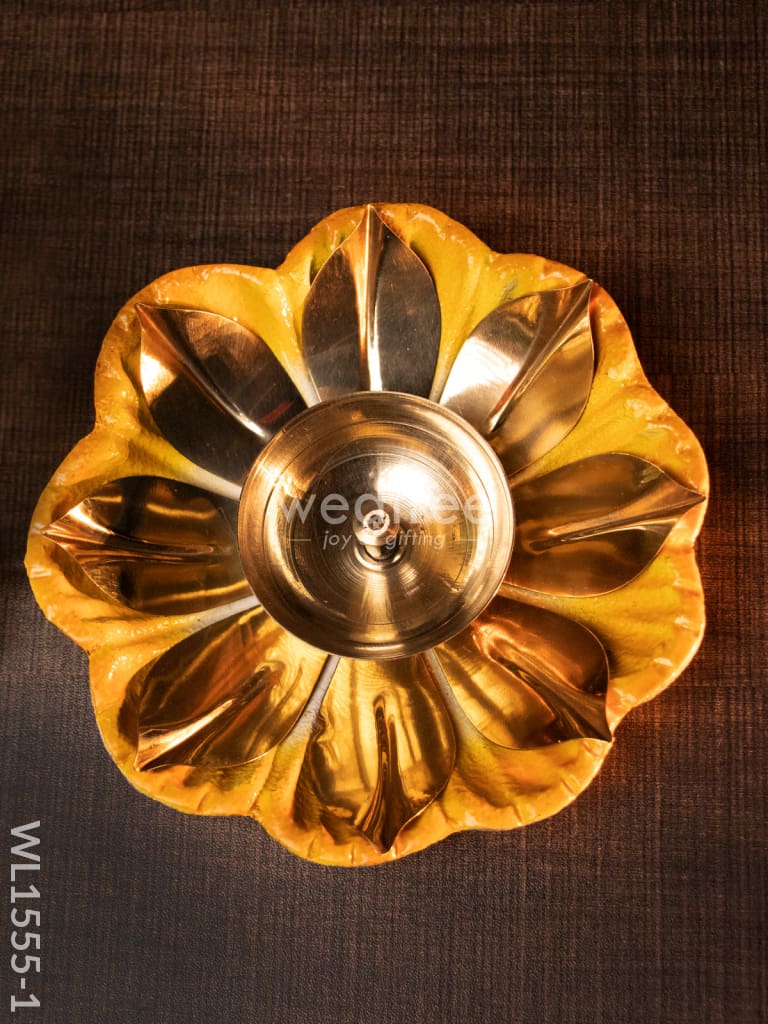 Flower Shaped Brass Diya With Floral Base - Wl1555