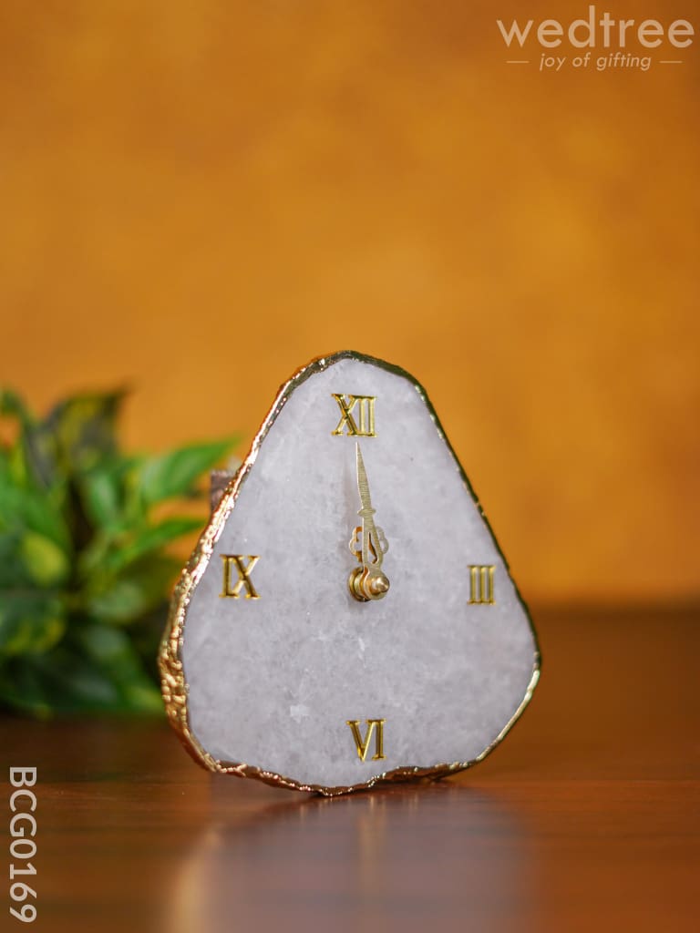 Gemstone Electroplated Gold Edge Table Clock - White Bcg0169