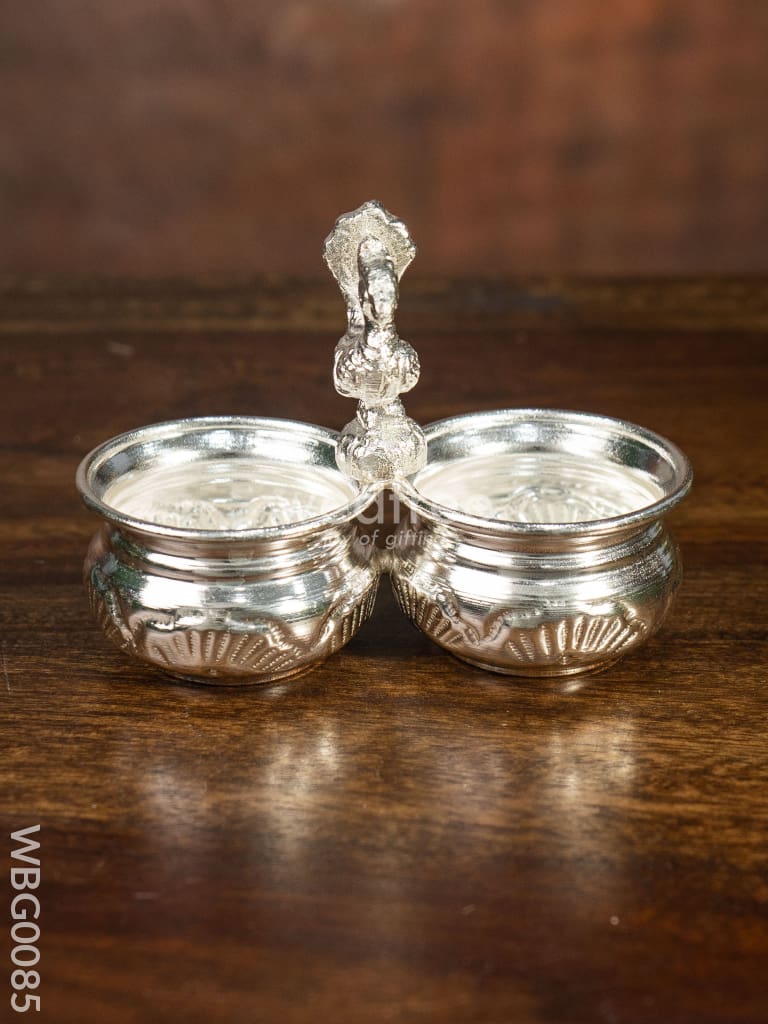 German Silver 2 Cups Kumkum Holder With Floral Design And Peacock On The Top - Wbg0085 Holders