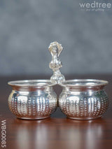 German Silver 2 Cups Kumkum Holder With Floral Design And Peacock On The Top - Wbg0085 Holders
