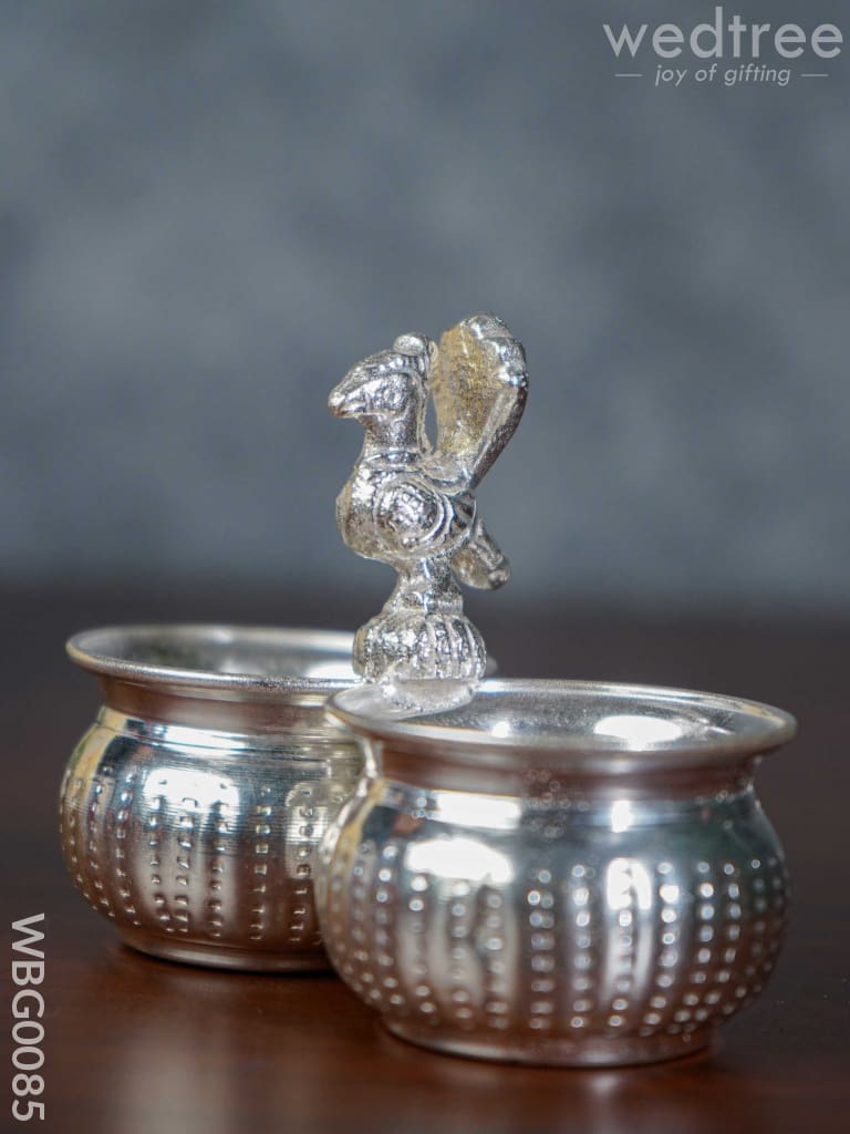 German Silver 2 Cups Kumkum Holder With Floral Design And Peacock On The Top - Wbg0085 Holders