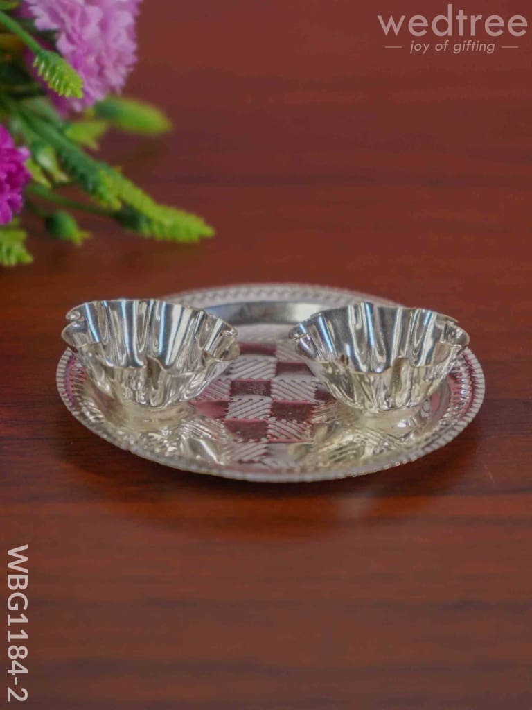 German Silver 2 Cups Kumkum Holder With Round Base - Wbg1184-2 Holders