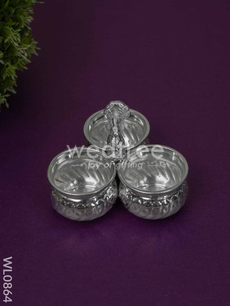 German Silver 3 Cup Peacock Kumkum Holder - Wl0864 Pooja Utility