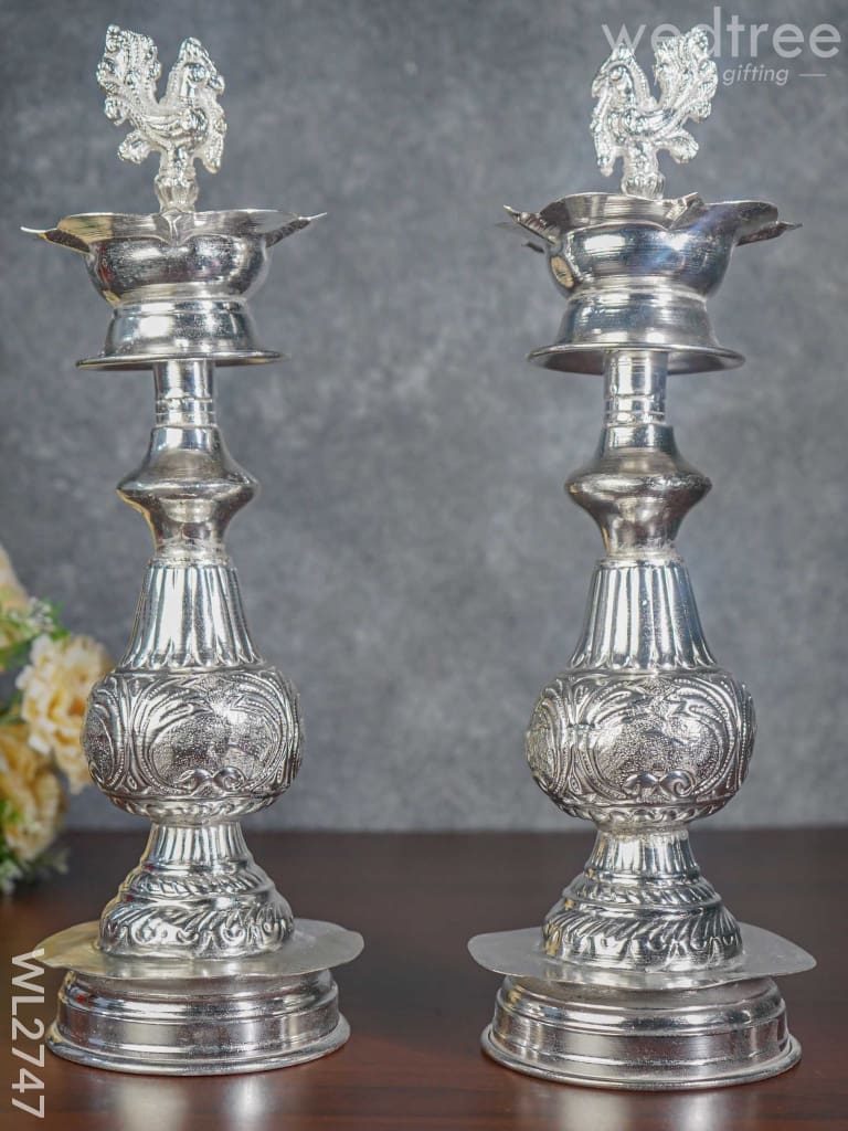 German Silver Annapakshi 5 Face Kuthu Vilaku - 14 Inch Set Of 2 Wl2747 Diyas