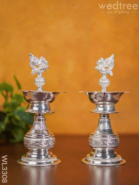 German Silver Annapakshi Kuthu Vilaku - 7.5 Inch Set Of 2 Wl3308 Diyas