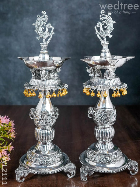 German Silver Annapakshi Kuthuvilakku With Elephant Leg (Antique Finish) - Wl2111 Diyas