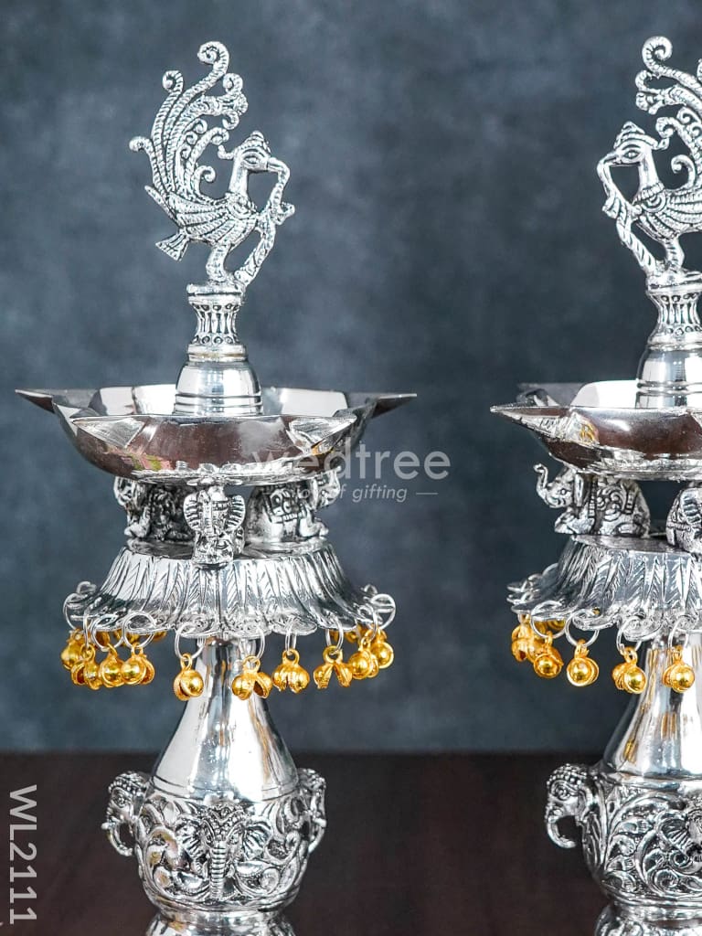 German Silver Annapakshi Kuthuvilakku With Elephant Leg (Antique Finish) - Wl2111 Diyas