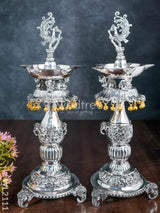 German Silver Annapakshi Kuthuvilakku With Elephant Leg (Antique Finish) - Wl2111 Diyas