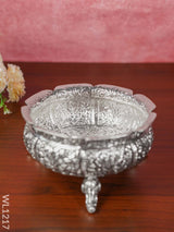 German Silver Antique Floral Urli With Elephant Stand - 8.5 Inch Wl1217