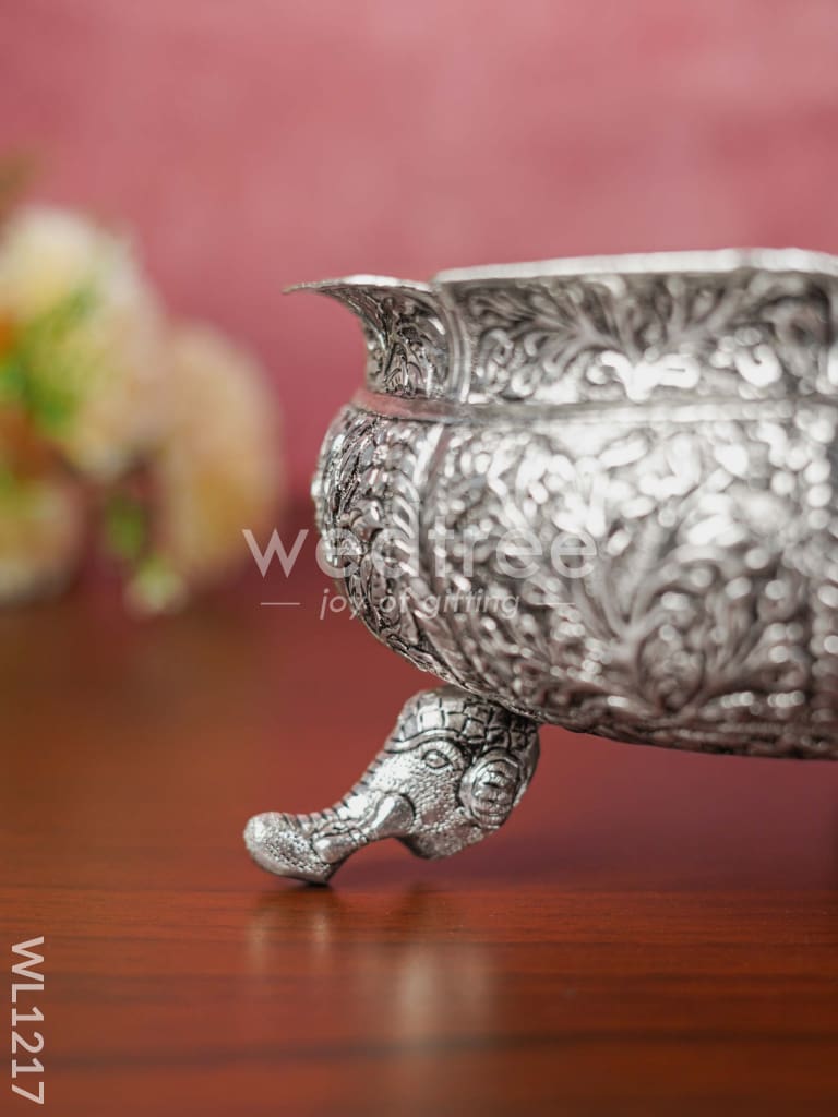 German Silver Antique Floral Urli With Elephant Stand - 8.5 Inch Wl1217