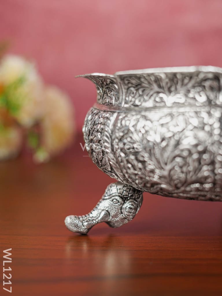 German Silver Antique Floral Urli With Elephant Stand - 8.5 Inch Wl1217