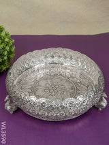 German Silver Antique Floral Urli With Peacock Stand - 11 Inch Wl3590