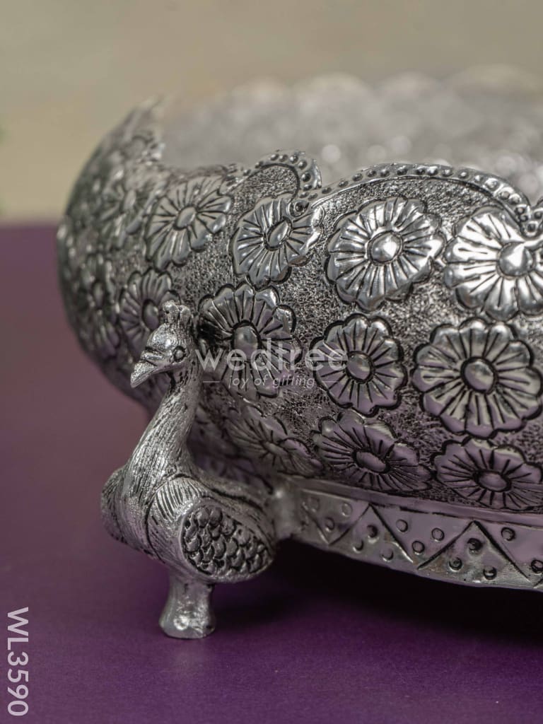 German Silver Antique Floral Urli With Peacock Stand - 11 Inch Wl3590