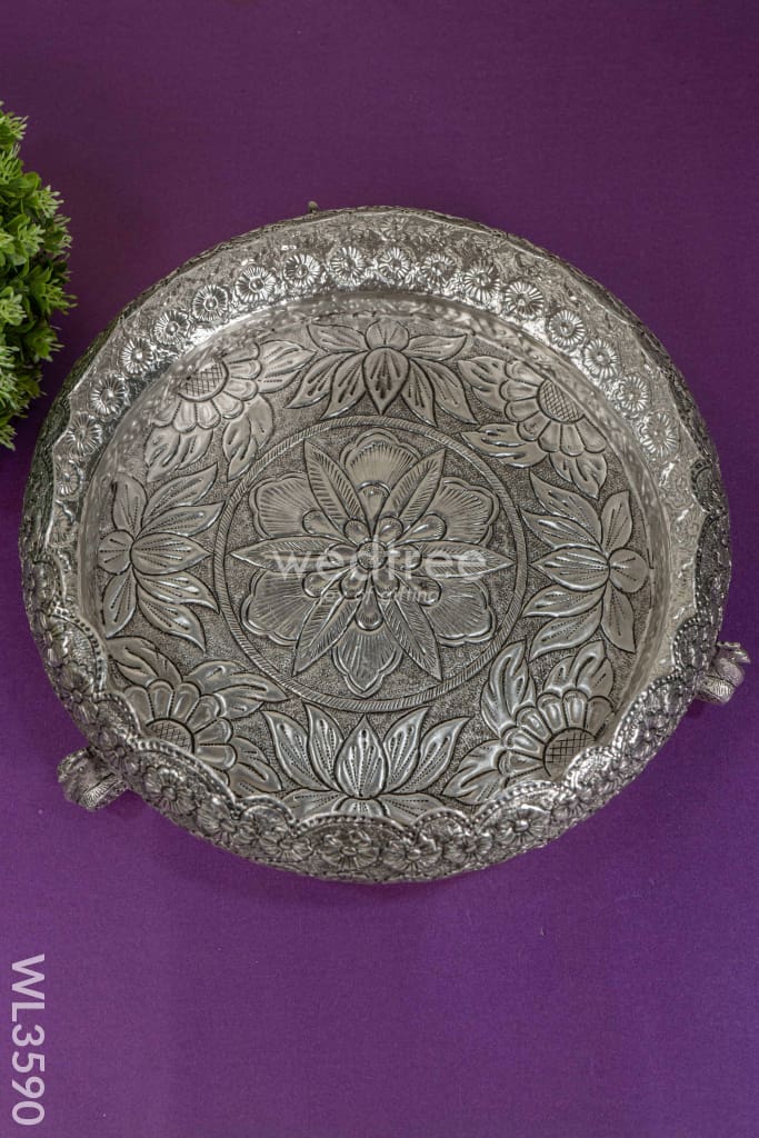 German Silver Antique Floral Urli With Peacock Stand - 11 Inch Wl3590