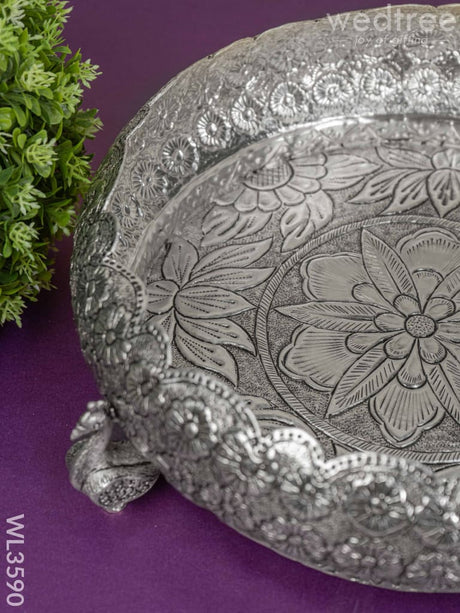 German Silver Antique Floral Urli With Peacock Stand - 11 Inch Wl3590