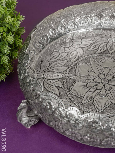 German Silver Antique Floral Urli With Peacock Stand - 11 Inch Wl3590