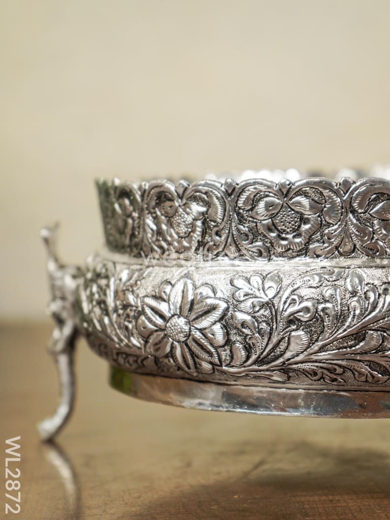 German Silver Antique Urli With Elephant Stand - 7.5 Inch Wl2872