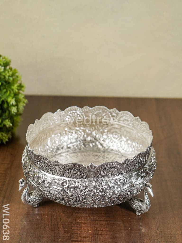 German Silver Antique Urli With Peacock Stand - 8 Inch Wl0638