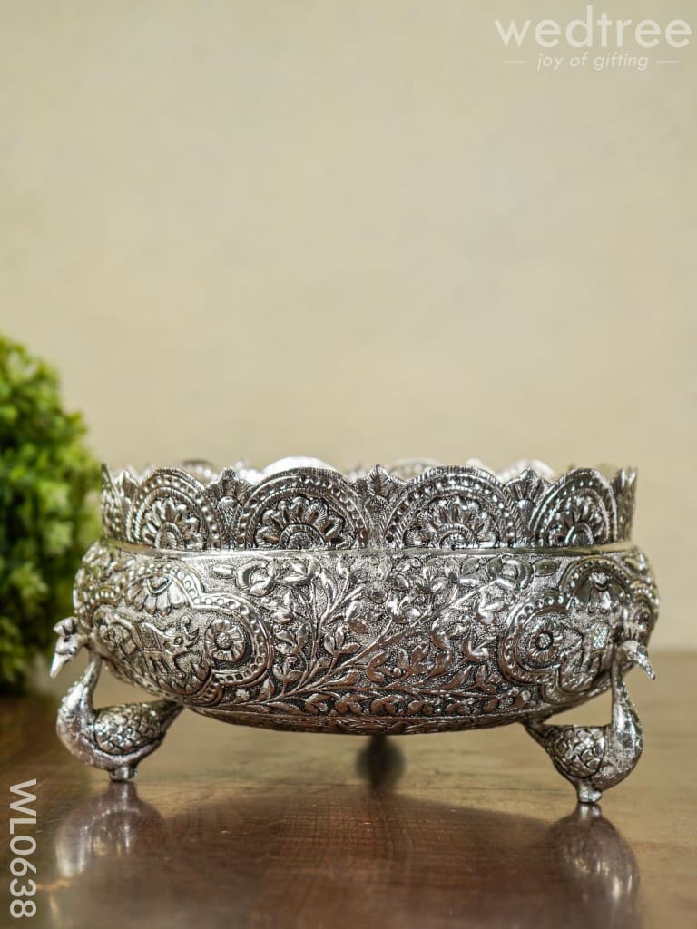 German Silver Antique Urli With Peacock Stand - 8 Inch Wl0638