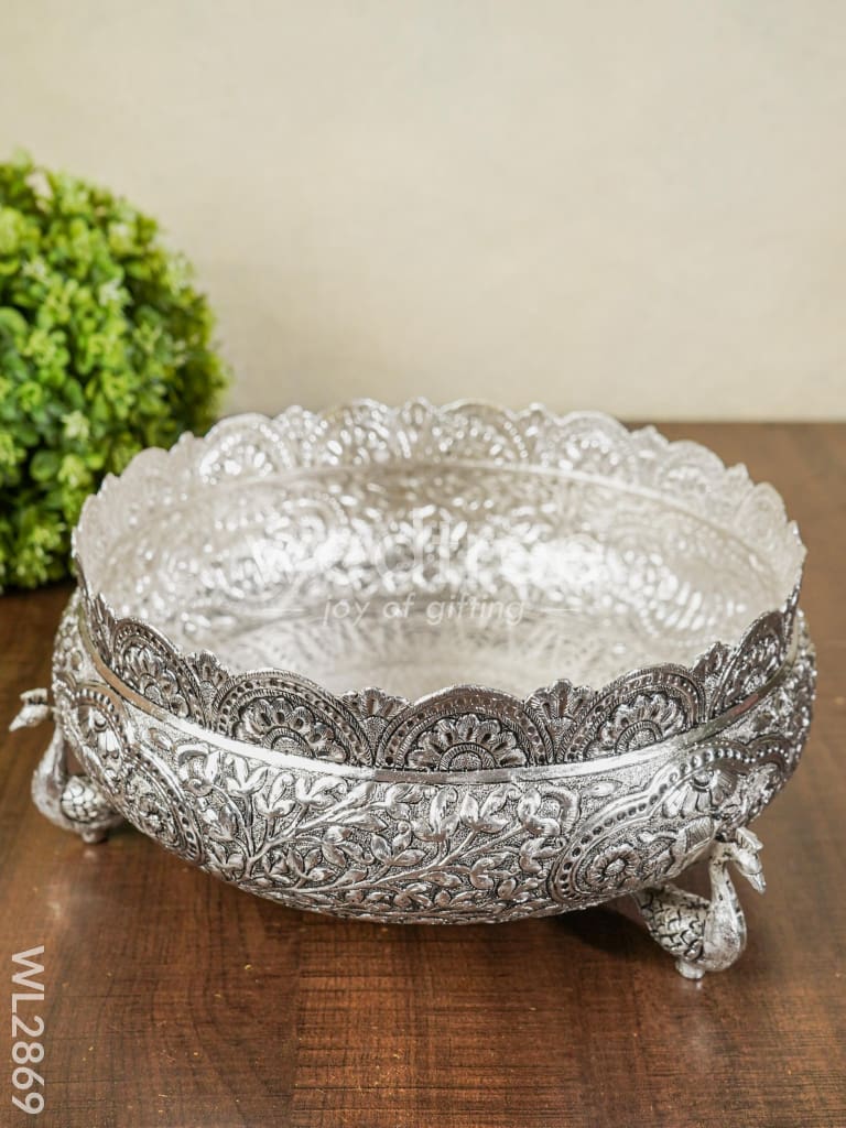 German Silver Antique Urli With Peacock Stand - 9.5 Inch Wl2869