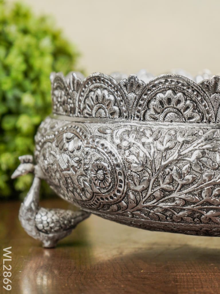 German Silver Antique Urli With Peacock Stand - 9.5 Inch Wl2869