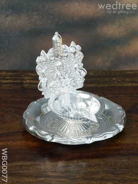 German Silver Balaji Lakshmi Diya On Round Shaped Plate - Wbg0077 Diyas
