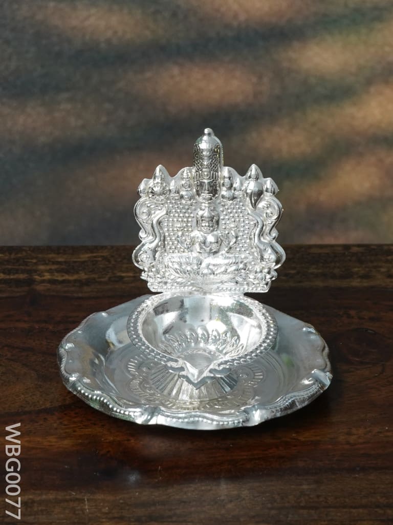 German Silver Balaji Lakshmi Diya On Round Shaped Plate - Wbg0077 Diyas