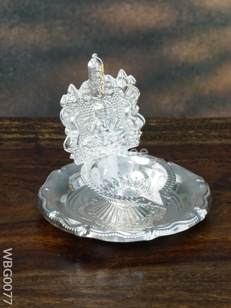 German Silver Balaji Lakshmi Diya On Round Shaped Plate - Wbg0077 Diyas