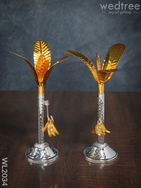 German Silver Banana Tree With Gold Leaves Small (Set Of 2) - Wl2034 Pooja Utility