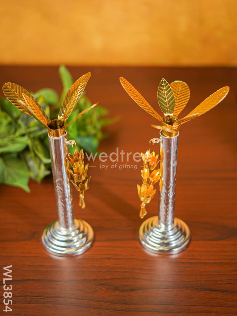 German Silver Banana Tree With Gold Leaves Small (Set Of 2) - Wl3854 Pooja Utility