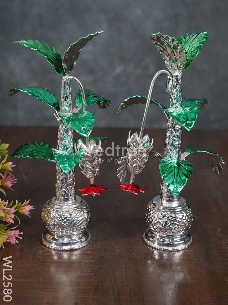 German Silver Banana Tree With Green Leaves - 8.5 Inch (Set Of 2) Wl2580 Pooja Utility