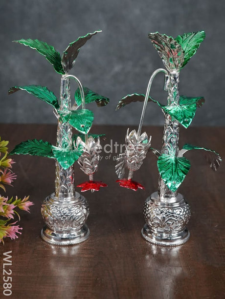 German Silver Banana Tree With Green Leaves - 8.5 Inch (Set Of 2) Wl2580 Pooja Utility