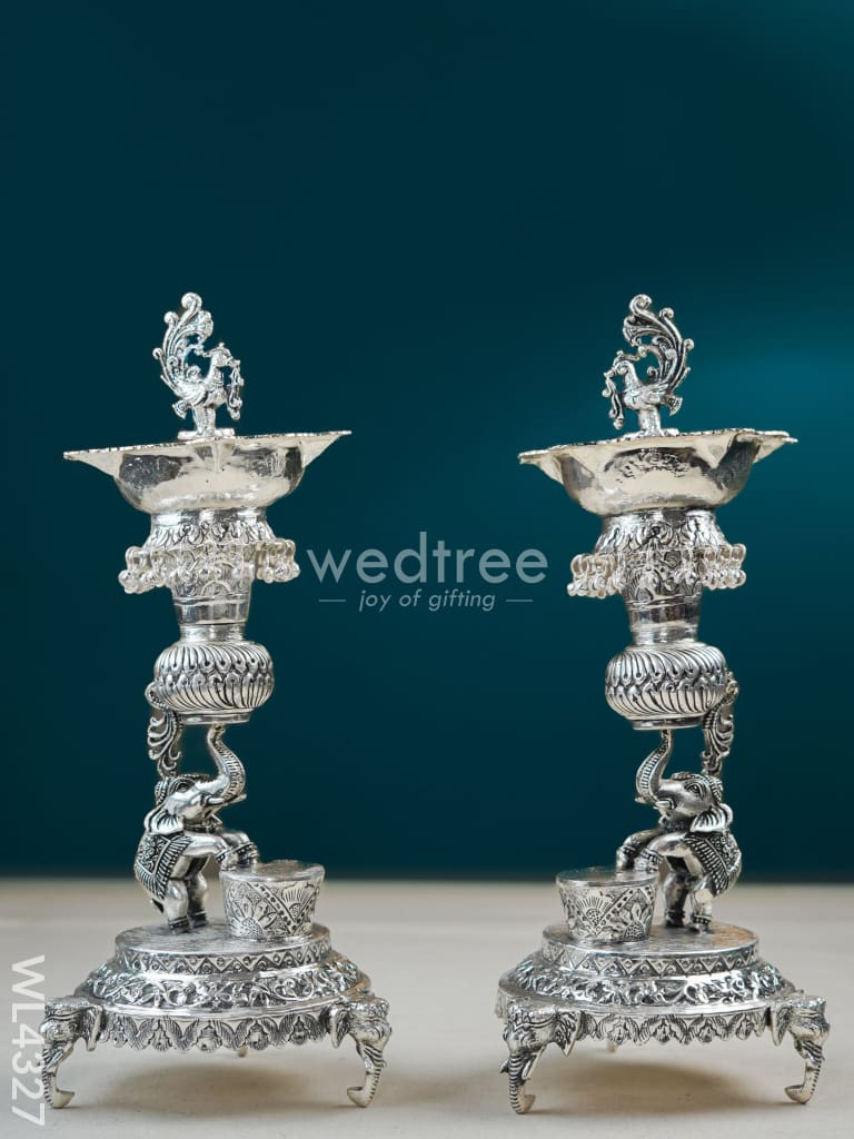 German Silver Elephant Peacock Kuthu Vilaku - 14 Inch Wl4327 Pooja Utility