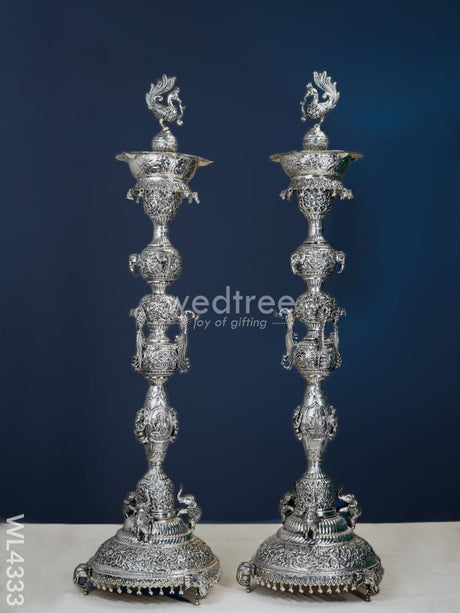 German Silver Elephant Peacock Kuthu Vilaku - 40 Inch Wl4333 Pooja Utility