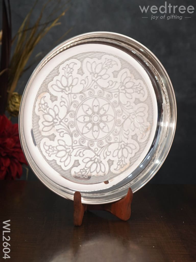 German Silver Engraved 10 Inch Plate - Wl2604 Pooja Utility