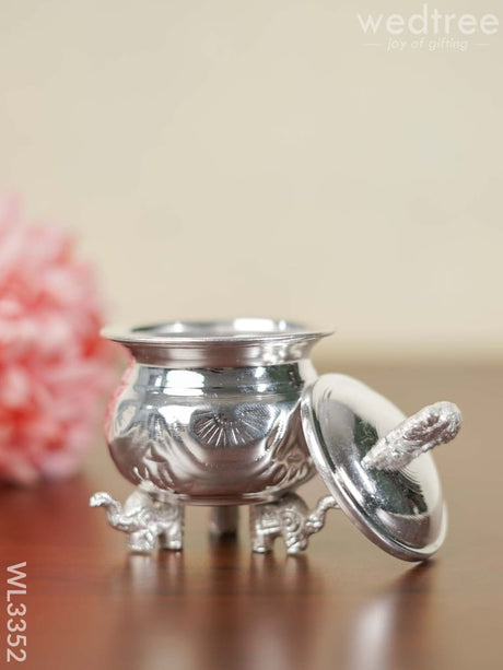 German Silver Kumkum Cup With Elephant Lid - Wl3352 Pooja Utility