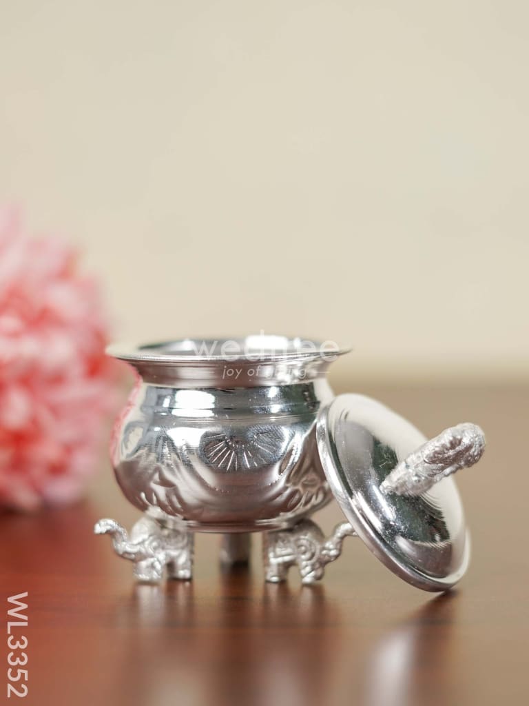 German Silver Kumkum Cup With Elephant Lid - Wl3352 Pooja Utility