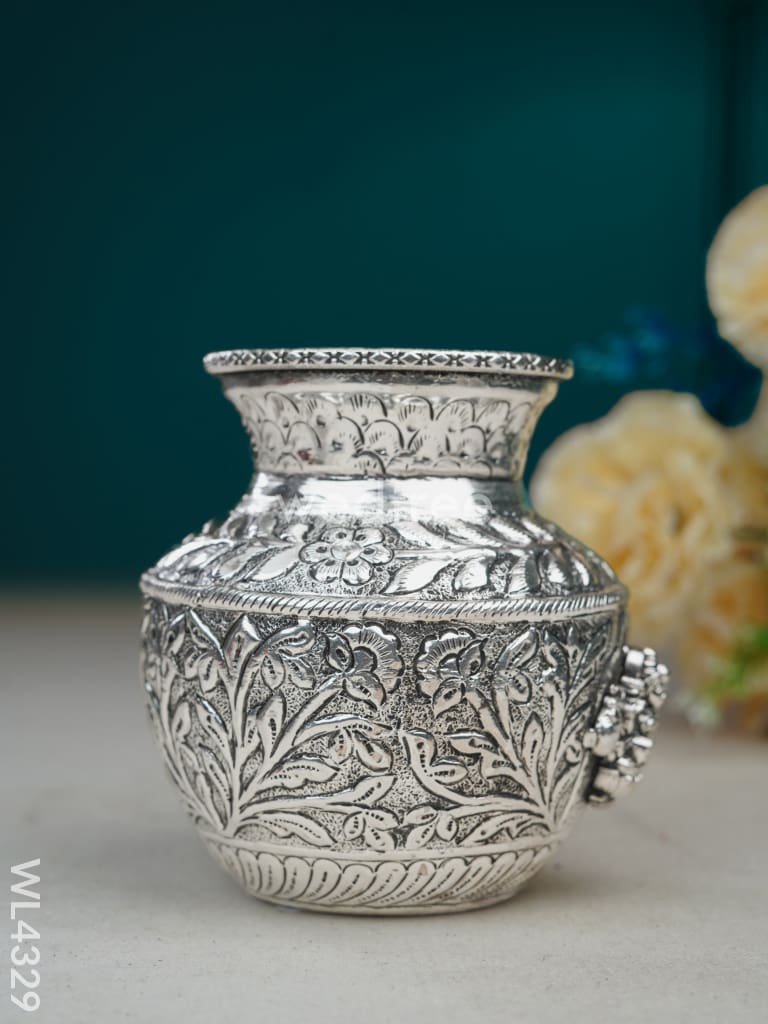 German Silver Lakshmi Floral Kalash With Antique Finish - Wl4329 Pooja Utility