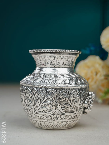 German Silver Lakshmi Floral Kalash With Antique Finish - Wl4329 Pooja Utility