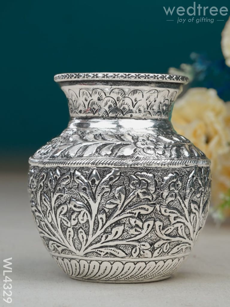 German Silver Lakshmi Floral Kalash With Antique Finish - Wl4329 Pooja Utility