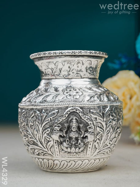 German Silver Lakshmi Floral Kalash With Antique Finish - Wl4329 Pooja Utility