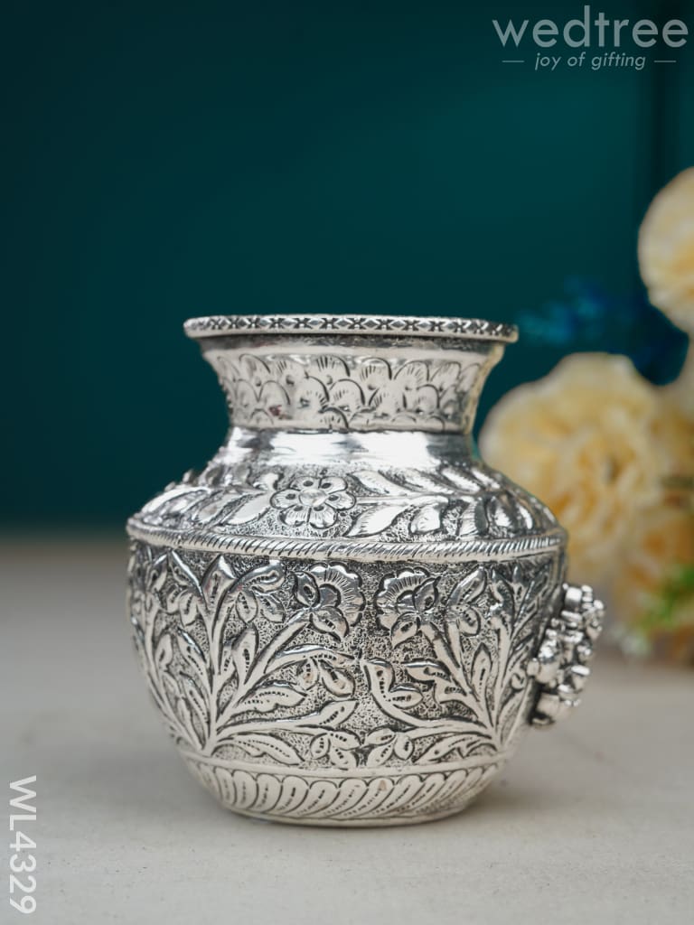 German Silver Lakshmi Floral Kalash With Antique Finish - Wl4329 Pooja Utility