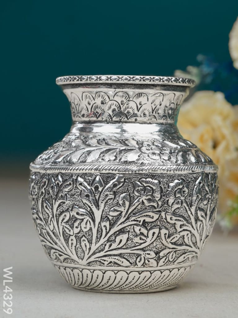 German Silver Lakshmi Floral Kalash With Antique Finish - Wl4329 Pooja Utility