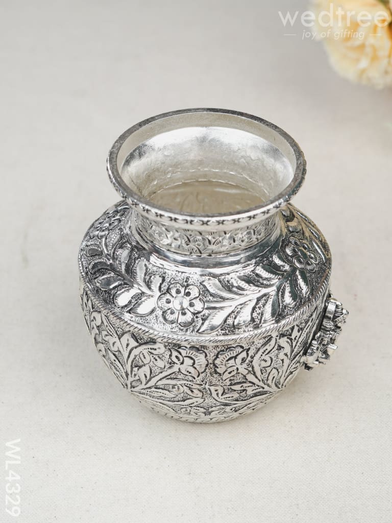 German Silver Lakshmi Floral Kalash With Antique Finish - Wl4329 Pooja Utility