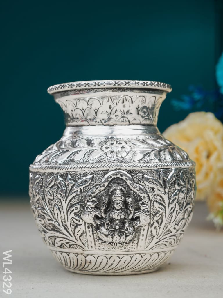 German Silver Lakshmi Floral Kalash With Antique Finish - Wl4329 Pooja Utility