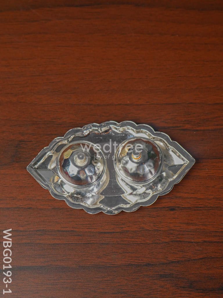 German Silver Leaf Shaped Double Kumkum Holder - Wbg0193 5 Inch Holders