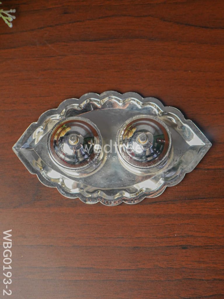 German Silver Leaf Shaped Double Kumkum Holder - Wbg0193 6.5 Inch Holders