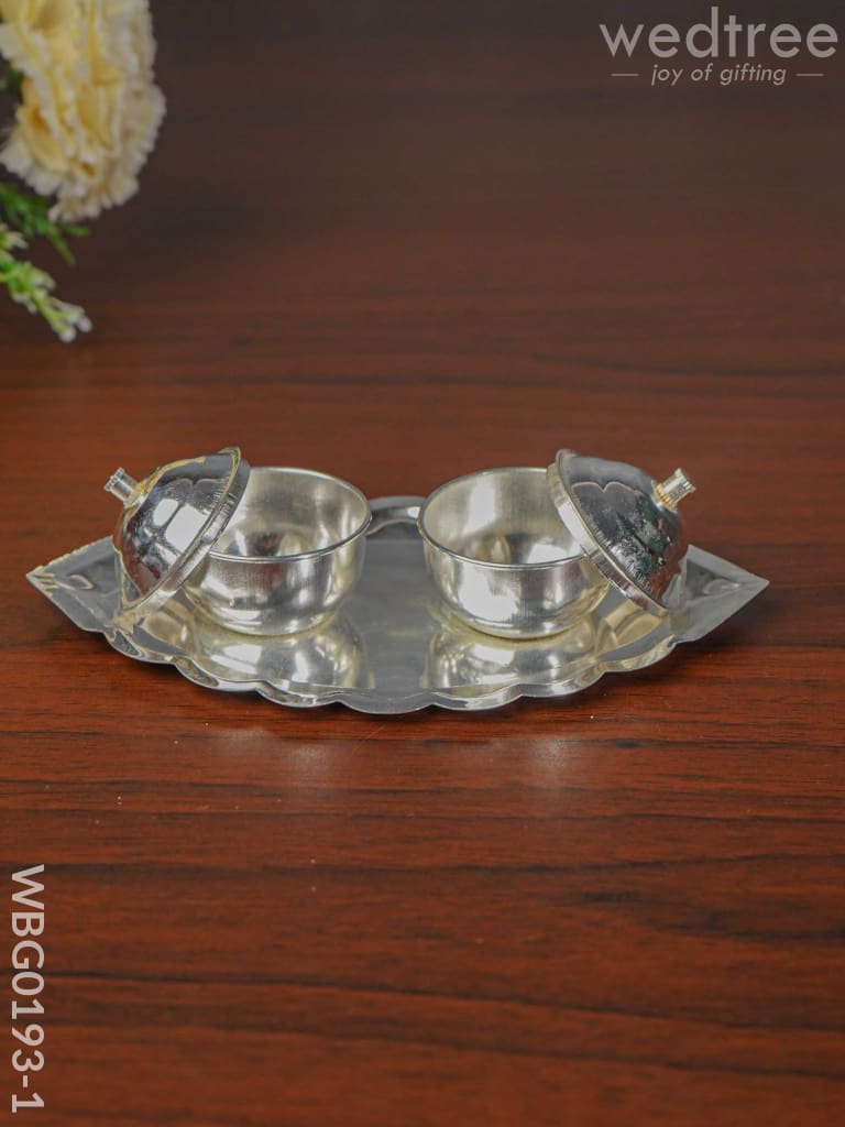 German Silver Leaf Shaped Double Kumkum Holder - Wbg0193 Holders