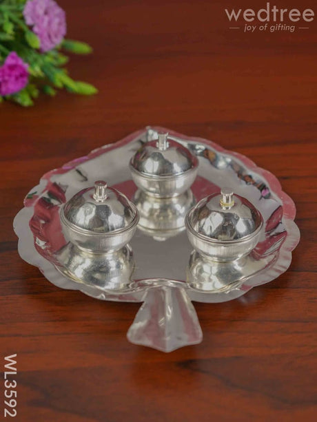 German Silver Leaf Shaped Haldi/Kumkum Holder With 3 Cups - Wl3592 Pooja Utility